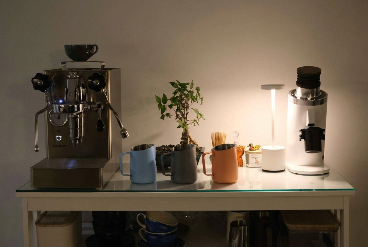 Two-group espresso machine on a walnut café bar with warmed cups and brass scale